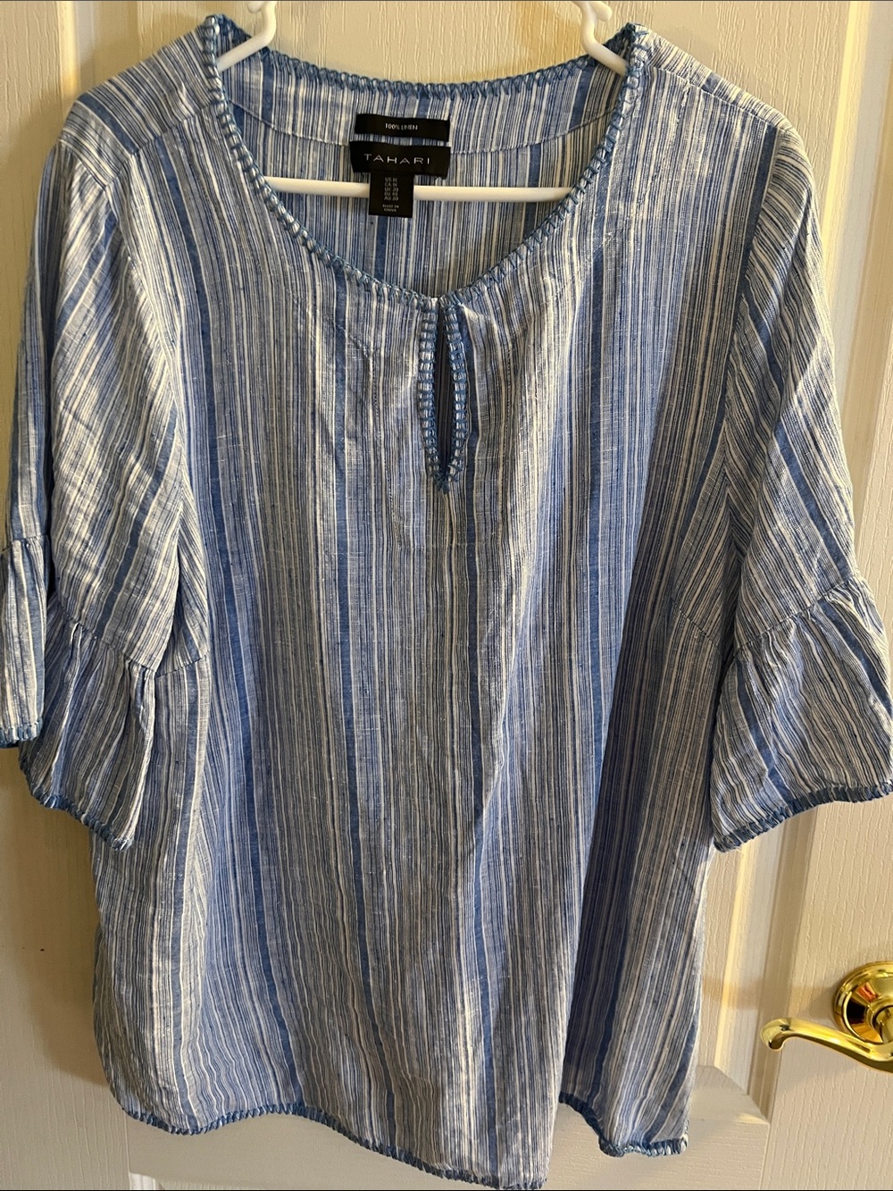 Tahari Blue and White Striped Ruffle-Sleeve Peasant Top linen size 1X
